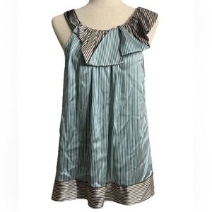 BCBG Max Azria Ivory Green Brown silk applique ruffle Stripe Blouse Tie size M